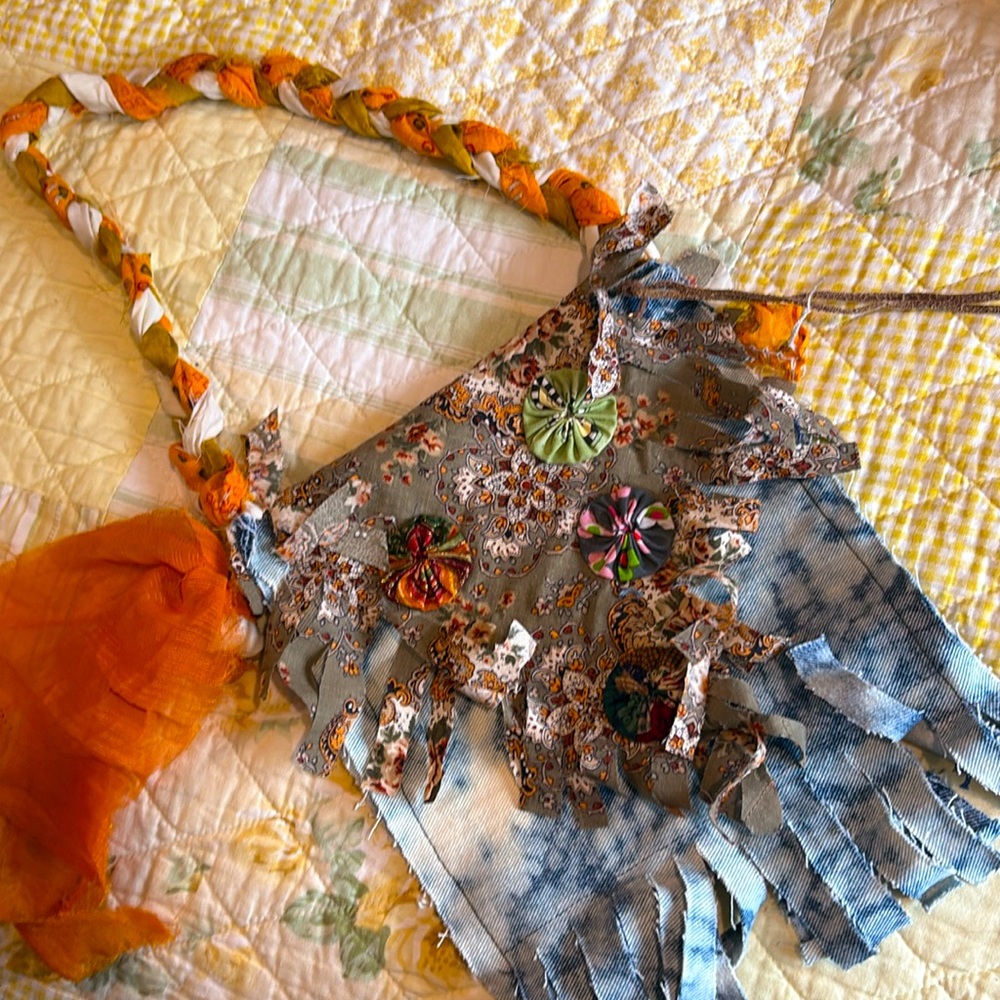 Handmade recycled materials blue Jean bag